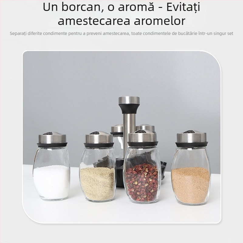 Set de 7 recipiente pentru condimente de bucătărie, cu bază rotativă din sticlă