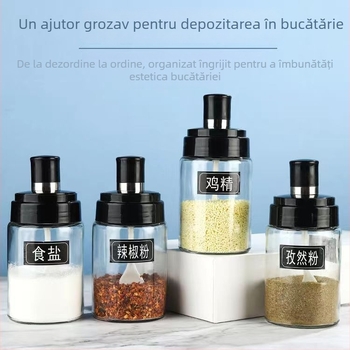 Borcan de condimente din sticlă cu capac cu lingură integrată, protecție împotriva umezelii pentru sare, recipient pentru ulei și condimente, calitate alimentară