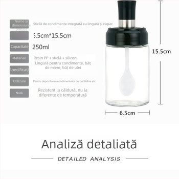 Borcan de condimente din sticlă cu capac cu lingură integrată, protecție împotriva umezelii pentru sare, recipient pentru ulei și condimente, calitate alimentară