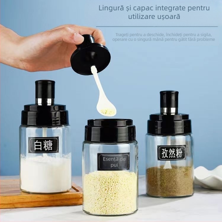 Borcan de condimente din sticlă cu capac cu lingură integrată, protecție împotriva umezelii pentru sare, recipient pentru ulei și condimente, calitate alimentară