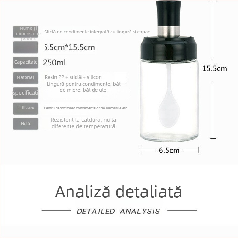 Borcan de condimente din sticlă cu capac cu lingură integrată, protecție împotriva umezelii pentru sare, recipient pentru ulei și condimente, calitate alimentară