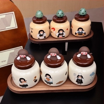 Set ceramic de borcănele pentru condimente cu design în copac, depozitare pentru sare, piper și MSG, cu tavă și cutie cadou