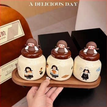 Set ceramic de borcănele pentru condimente cu design în copac, depozitare pentru sare, piper și MSG, cu tavă și cutie cadou