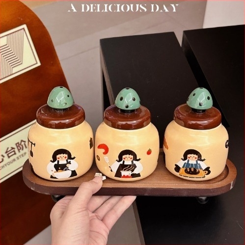Set ceramic de borcănele pentru condimente cu design în copac, depozitare pentru sare, piper și MSG, cu tavă și cutie cadou
