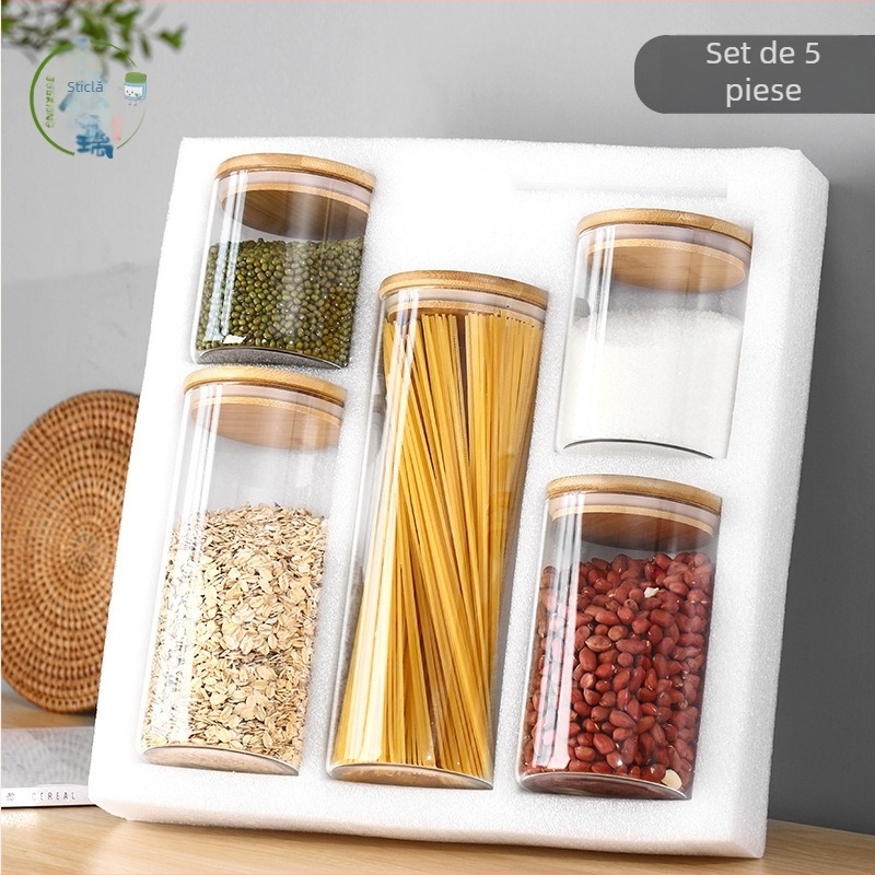 Set personalizat din 5 borcane din sticlă cu cutie Pearl Cotton pentru depozitare în bucătărie a condimentelor, cerealelor, ceaiului și fructelor uscate