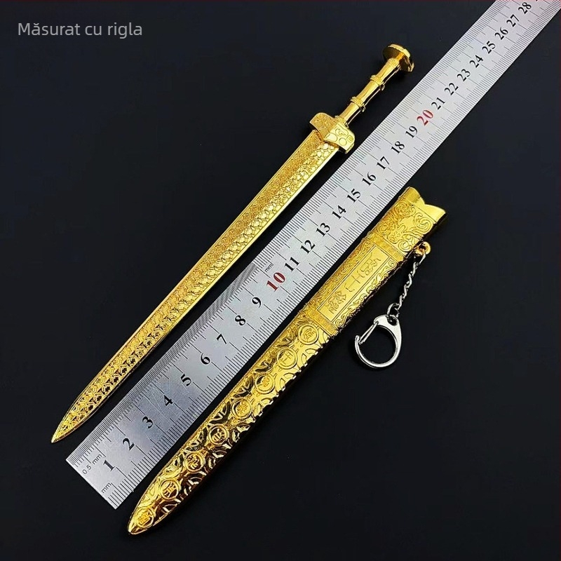 Sabie Goujian – 22 cm, aliaj auriu, decor de birou cu teacă, model de armă al Regelui Yue