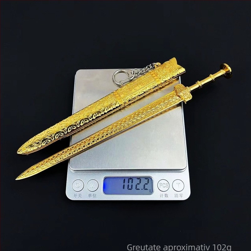 Sabie Goujian – 22 cm, aliaj auriu, decor de birou cu teacă, model de armă al Regelui Yue