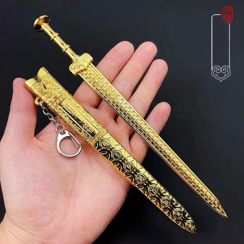 Sabie Goujian – 22 cm, aliaj auriu, decor de birou cu teacă, model de armă al Regelui Yue