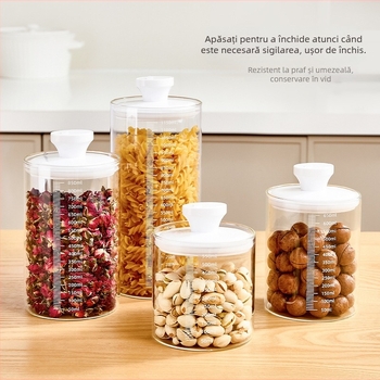 Borcan din sticlă cu capac de apăsare pentru depozitare în bucătărie a cerealelor, plantelor medicinale, ceaiului, cafelei, pudrei de lapte și fructelor uscate; rezistent la umezeală; capacitate 501–800 ml.