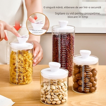 Borcan din sticlă cu capac de apăsare pentru depozitare în bucătărie a cerealelor, plantelor medicinale, ceaiului, cafelei, pudrei de lapte și fructelor uscate; rezistent la umezeală; capacitate 501–800 ml.