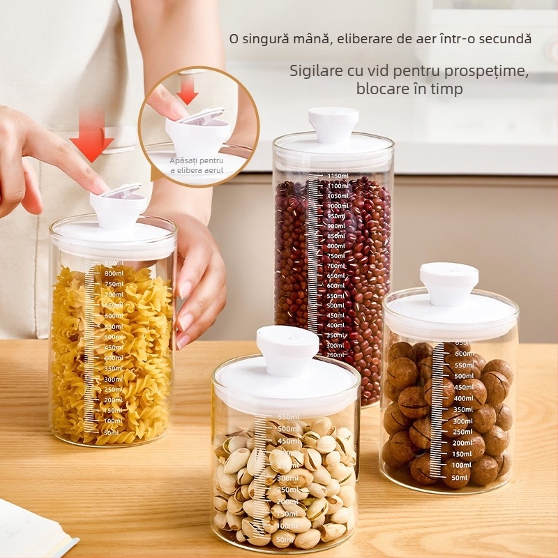 Borcan din sticlă cu capac de apăsare pentru depozitare în bucătărie a cerealelor, plantelor medicinale, ceaiului, cafelei, pudrei de lapte și fructelor uscate; rezistent la umezeală; capacitate 501–800 ml.