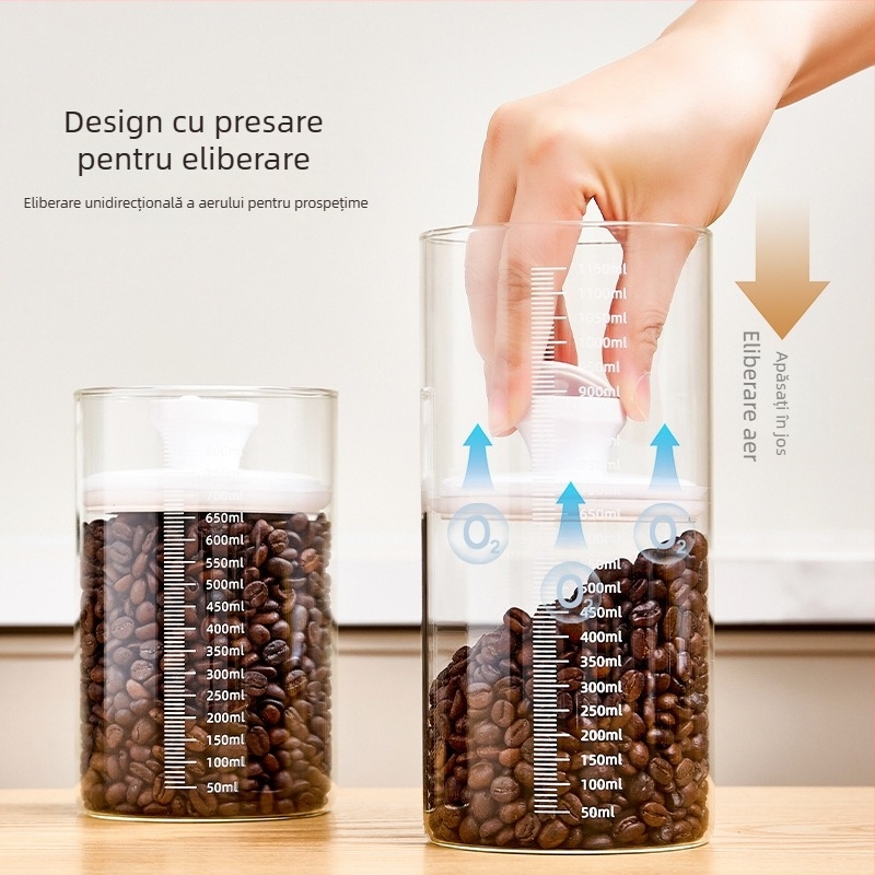 Borcan din sticlă cu capac de apăsare pentru depozitare în bucătărie a cerealelor, plantelor medicinale, ceaiului, cafelei, pudrei de lapte și fructelor uscate; rezistent la umezeală; capacitate 501–800 ml.
