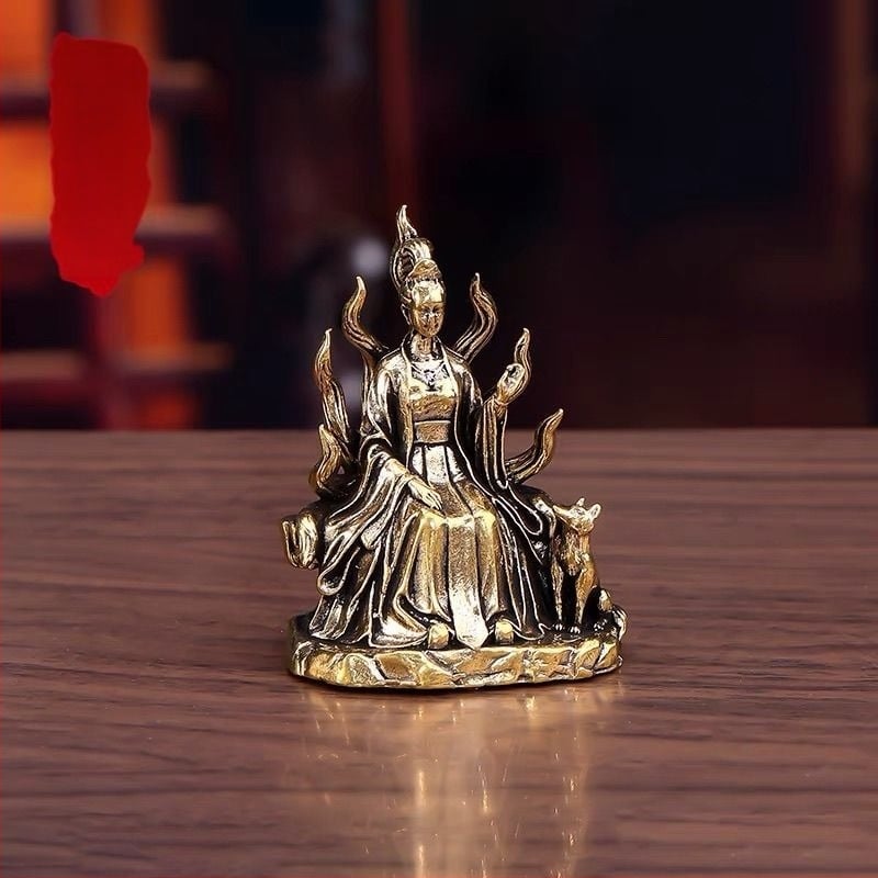 Zeița Qingqiu din alamă: Împărăteasa Spirit Fox cu nouă cozi, statuetă pentru birou, decor pentru casă