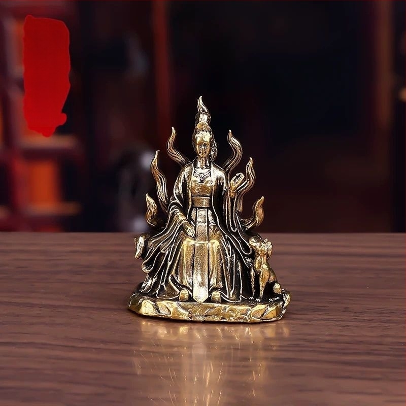 Zeița Qingqiu din alamă: Împărăteasa Spirit Fox cu nouă cozi, statuetă pentru birou, decor pentru casă
