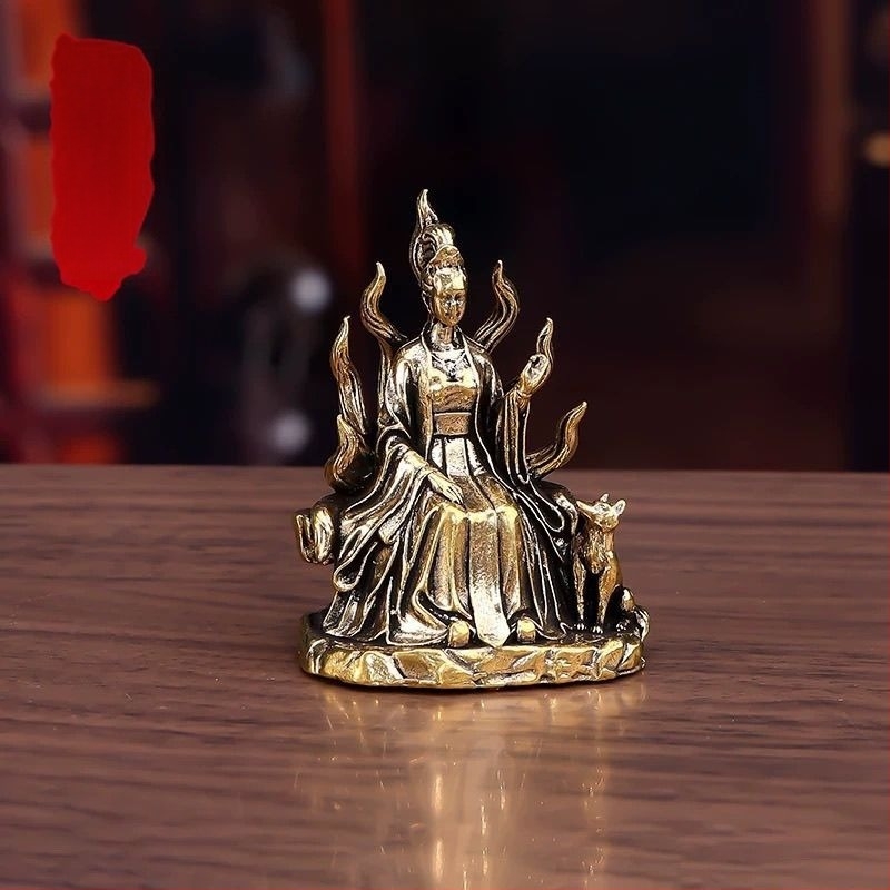 Zeița Qingqiu din alamă: Împărăteasa Spirit Fox cu nouă cozi, statuetă pentru birou, decor pentru casă