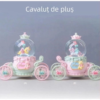 Design feminin drăguț: căprioară într-o căruță cu flori, sferă de cristal, cutie muzicală în stil desen animat, ornament pentru birou, cadou de ziua de naștere