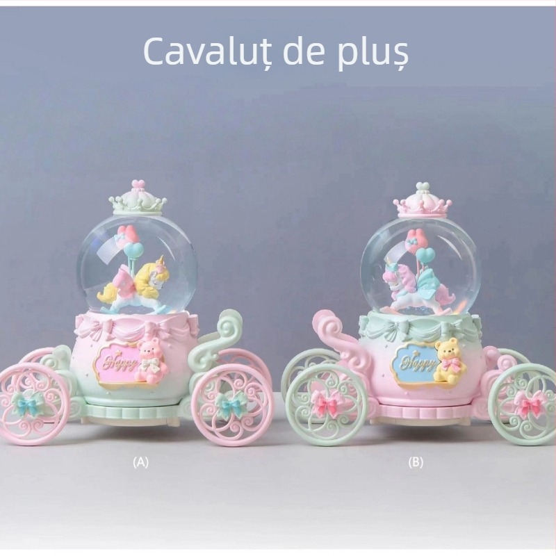 Design feminin drăguț: căprioară într-o căruță cu flori, sferă de cristal, cutie muzicală în stil desen animat, ornament pentru birou, cadou de ziua de naștere
