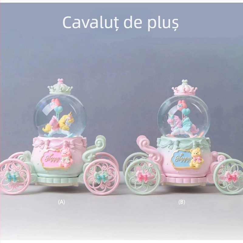 Design feminin drăguț: căprioară într-o căruță cu flori, sferă de cristal, cutie muzicală în stil desen animat, ornament pentru birou, cadou de ziua de naștere