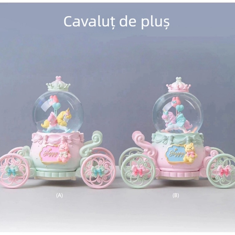 Design feminin drăguț: căprioară într-o căruță cu flori, sferă de cristal, cutie muzicală în stil desen animat, ornament pentru birou, cadou de ziua de naștere