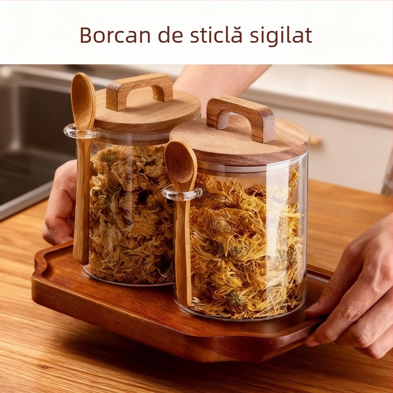Recipient din sticlă cu mâner și lingură, borcan pentru ceai, sticlă borosilicat de înaltă rezistență pentru cereale