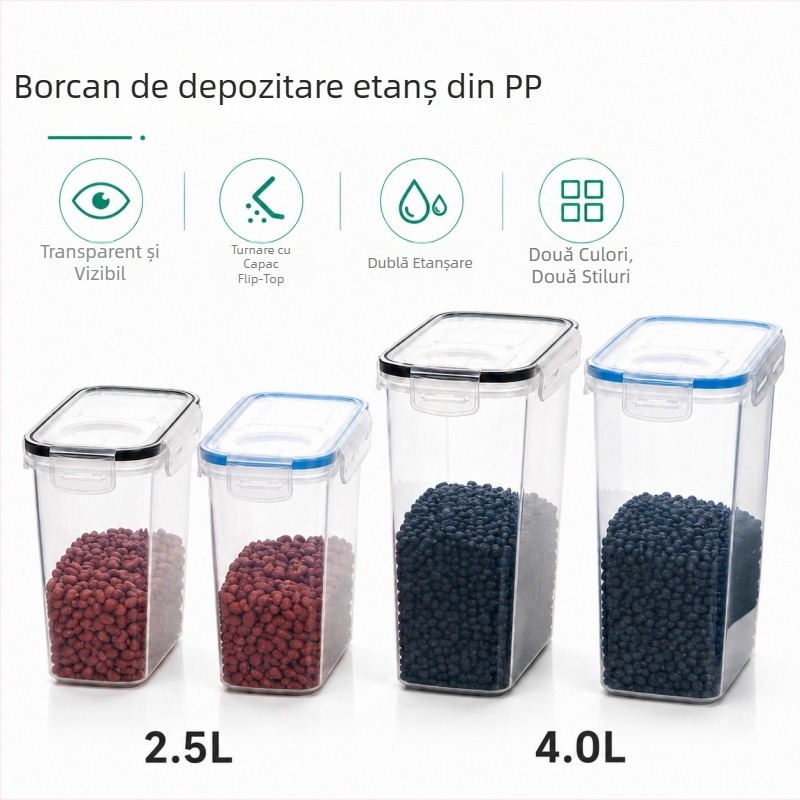 Recipient etanș din PP pentru cereale, 2,5–4 L, recipient transparent de bucătărie pentru depozitare a alimentelor