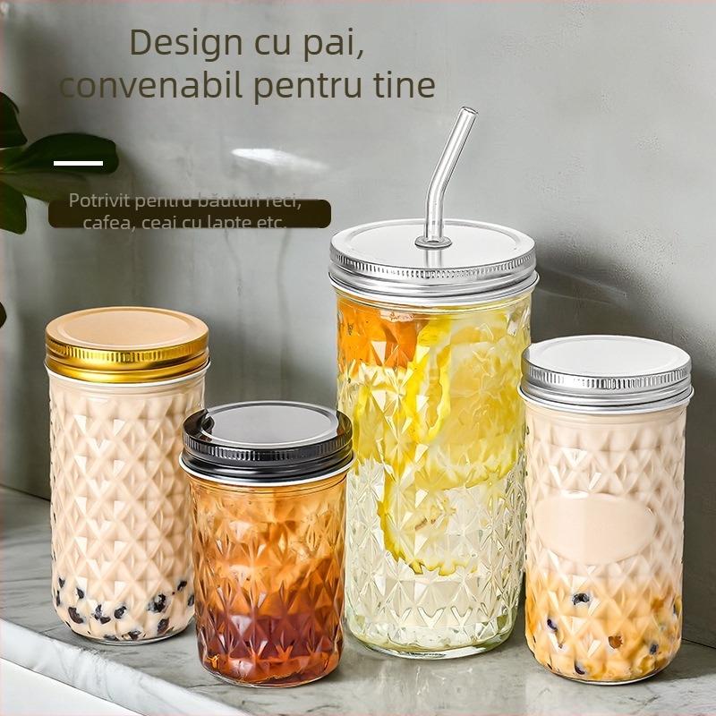 Sticlă Mason din sticlă cu model diamantat, recipient pentru cuib de pasăre, borcan sigilat pentru gem, sticluță sos icre, borcan pentru tocană