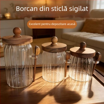 Recipient de depozitare din sticlă borosilicată sigilat, cu capac și linguriță, pentru boabele de cafea; praf protejat și curat