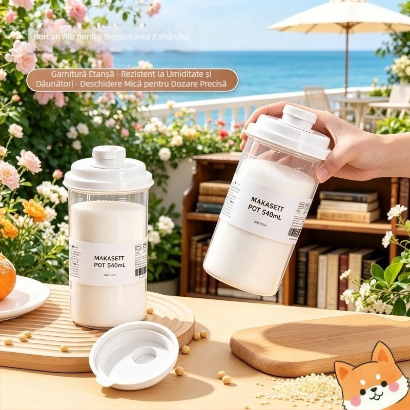 Recipient de depozitare pentru zahăr alb, de calitate alimentară, sigilat, rezistent la umiditate, recipient cilindric pentru făină și amidon, cu scală de măsurare, 301–500 ml, compatibil cu microunde
