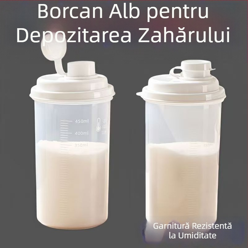 Recipient de depozitare pentru zahăr alb, de calitate alimentară, sigilat, rezistent la umiditate, recipient cilindric pentru făină și amidon, cu scală de măsurare, 301–500 ml, compatibil cu microunde