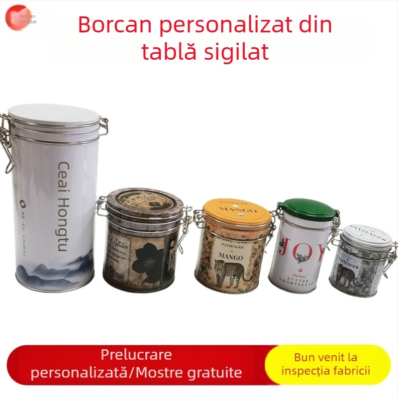 Cutie rotundă din tablă cu închidere cu cataramă, pentru ceai