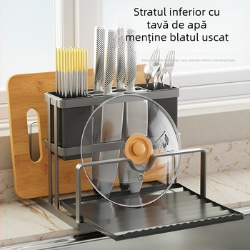 Raft de bucătărie multifuncțional pentru cuțite, cu placă de tăiat integrată și spațiu de depozitare pentru capace