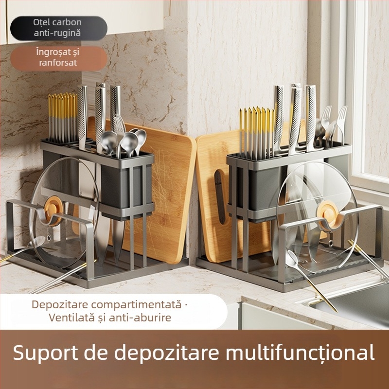 Raft de bucătărie multifuncțional pentru cuțite, cu placă de tăiat integrată și spațiu de depozitare pentru capace