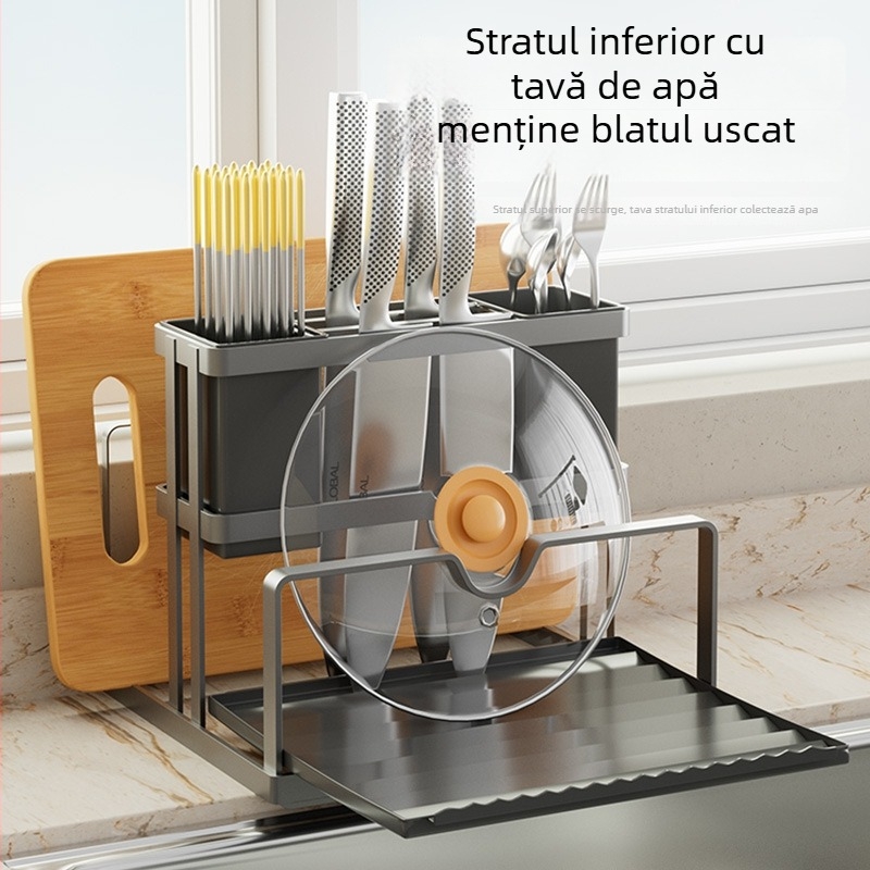 Raft de bucătărie multifuncțional pentru cuțite, cu placă de tăiat integrată și spațiu de depozitare pentru capace