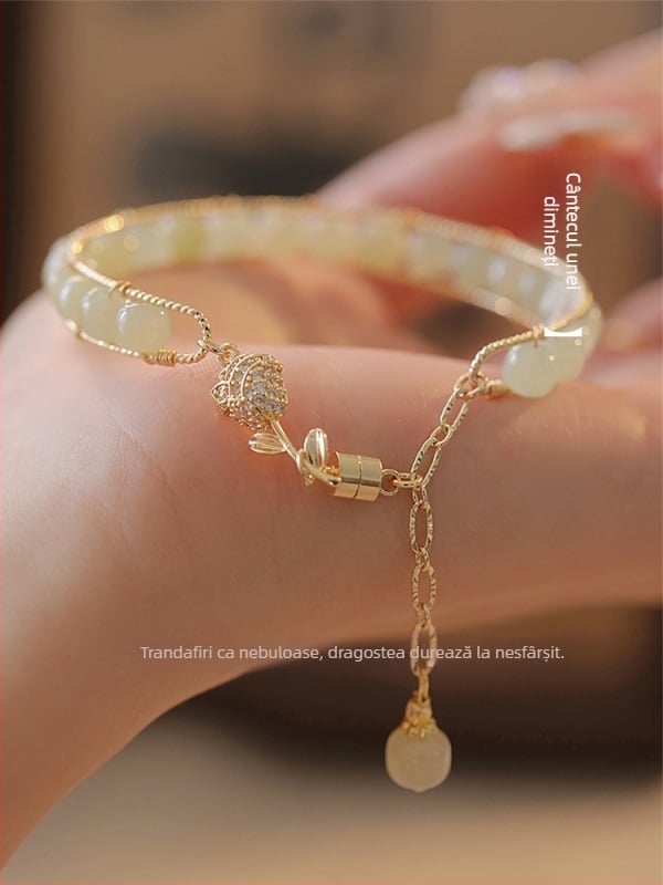 Brățară din jad Hetian pentru femei, motiv cu floare de trandafir, stil chinez modern, design de nișă, inspirat de cultura chineză clasică, lux ușor
