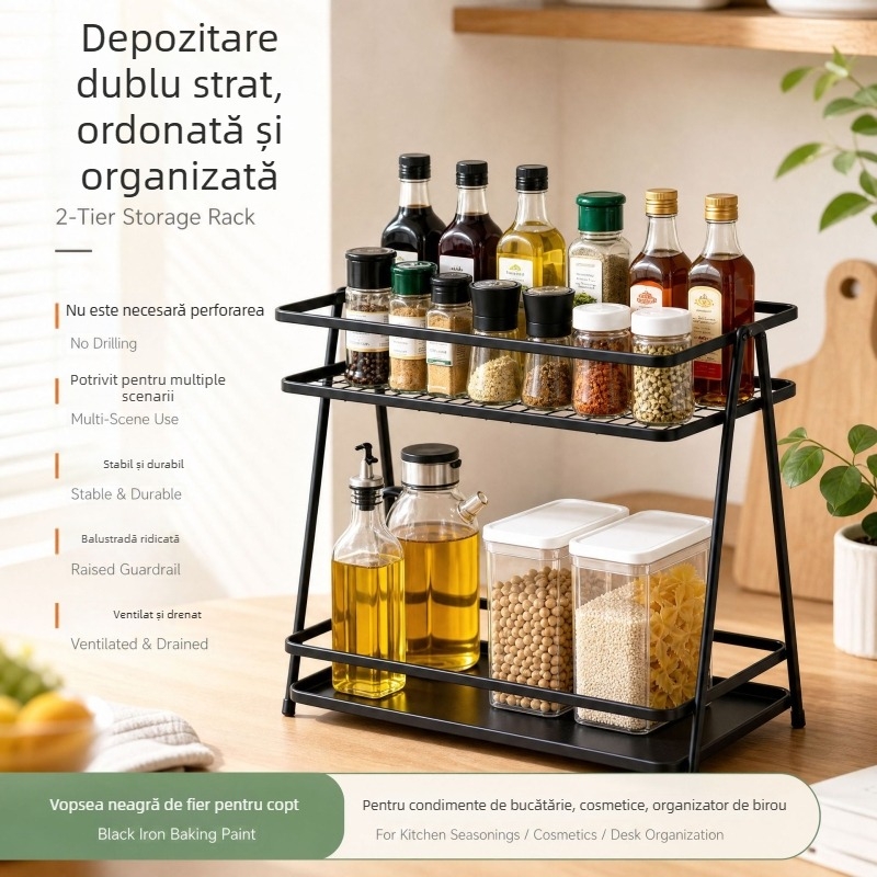 Raft de depozitare din fier, două etaje, pentru bucătărie și baie – raft pentru condimente și organizator pentru articole de igienă