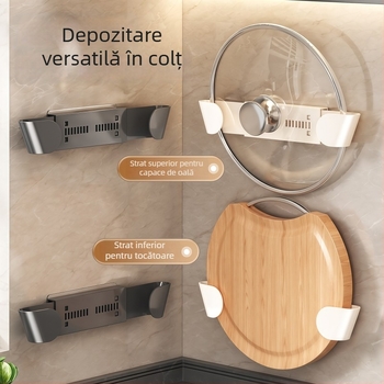 Suport telescopic pentru capace de oale, montaj pe perete fără găuri, spațiu de depozitare în bucătărie pentru capace și tocătoare