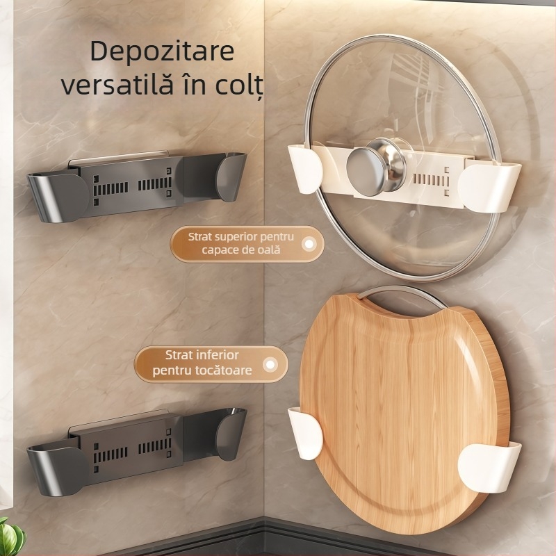 Suport telescopic pentru capace de oale, montaj pe perete fără găuri, spațiu de depozitare în bucătărie pentru capace și tocătoare