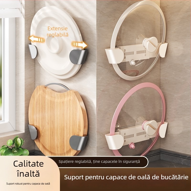 Suport telescopic pentru capace de oale, montaj pe perete fără găuri, spațiu de depozitare în bucătărie pentru capace și tocătoare