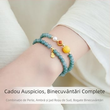 Brățară din jadit albastru-verzui cu mărgele de tip gheată, mărgele de chihlimbar în cerc dublu și mărgele de rugăciune, bijuterii pentru cupluri în stil chinezesc nou