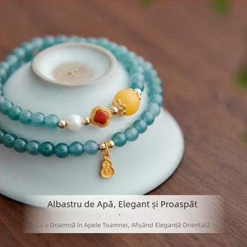 Brățară din jadit albastru-verzui cu mărgele de tip gheată, mărgele de chihlimbar în cerc dublu și mărgele de rugăciune, bijuterii pentru cupluri în stil chinezesc nou