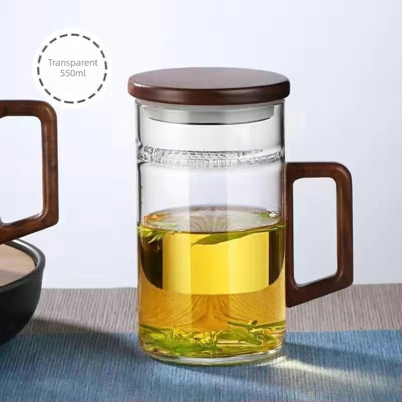 Ceșuță de ceai din sticlă borosilicat cu mâner, transparentă, pentru ceai verde, formă semilună, pentru casă și birou.