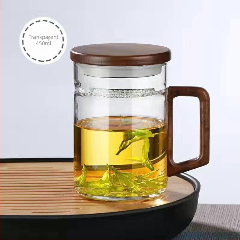 Ceșuță de ceai din sticlă borosilicat cu mâner, transparentă, pentru ceai verde, formă semilună, pentru casă și birou.