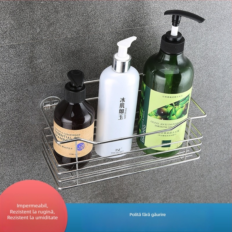 Raft din oțel inoxidabil, montat pe perete, organizator multifuncțional pentru bucătărie și baie, cu ventuză