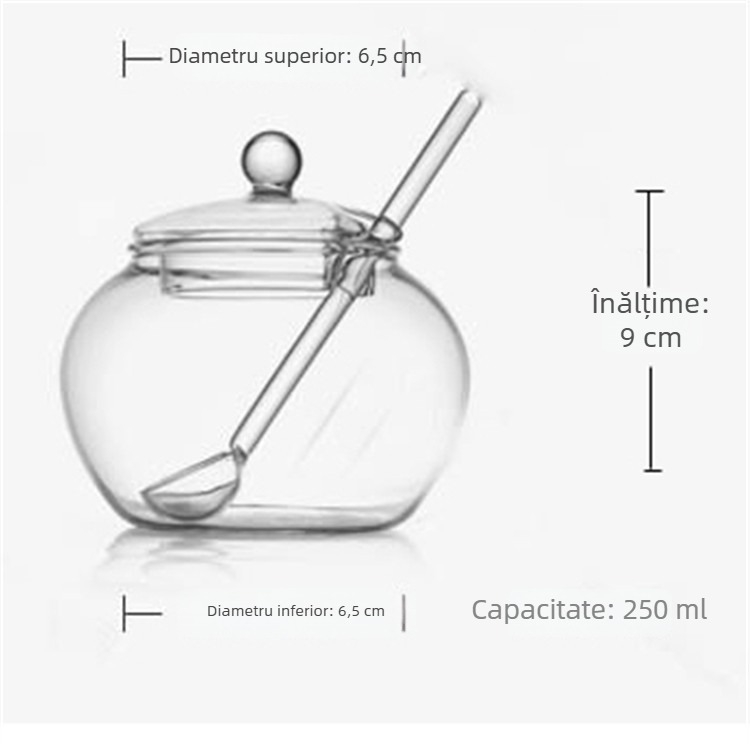 Recipient din sticlă borosilicat înalt, cu linguriță și capac, pentru ceai, cafea, zahăr și condimente