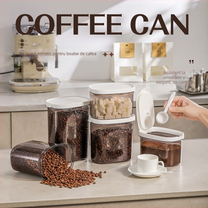 Recipient de depozitare cu închidere magnetică și linguriță pentru boabe de cafea, ceai și cafea pudră — rezistent la umezeală, aspect elegant