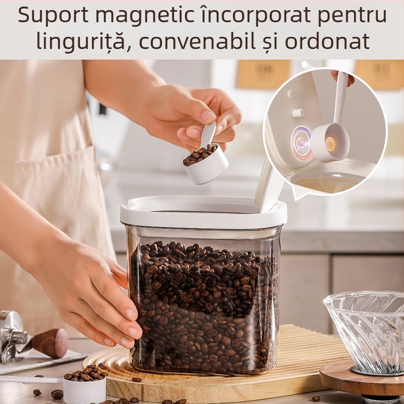 Recipient de depozitare cu închidere magnetică și linguriță pentru boabe de cafea, ceai și cafea pudră — rezistent la umezeală, aspect elegant