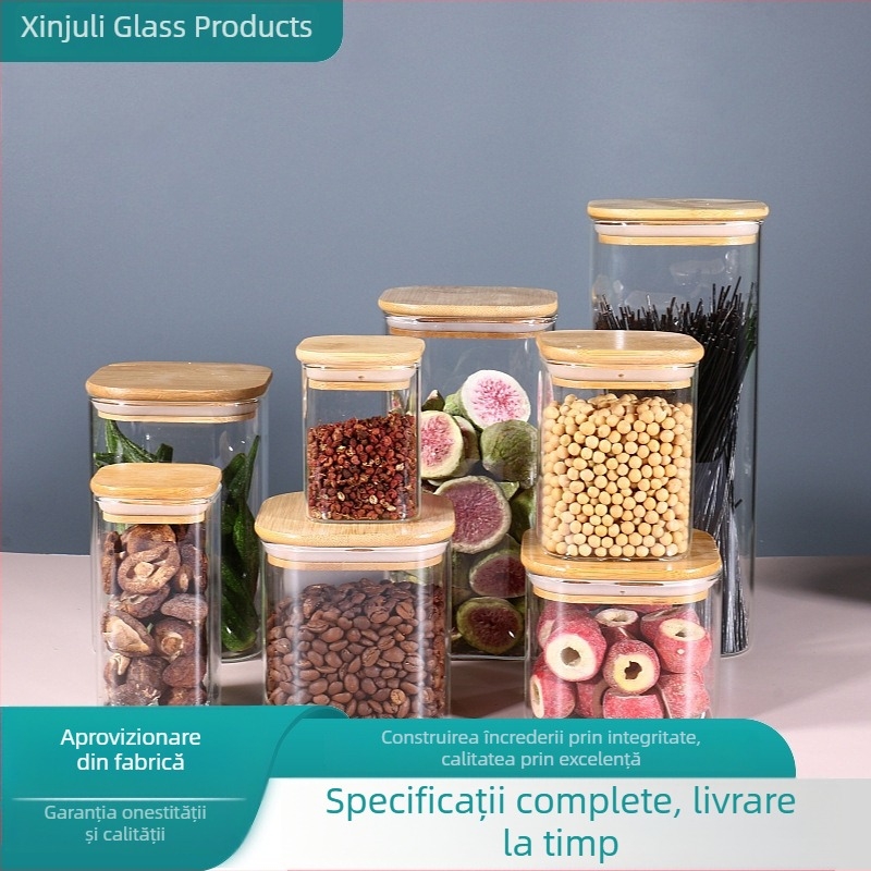 Recipient pătrat din sticlă cu capac din bambus, transparent, borosilicat înalt, sigilat pentru cereale și boabe