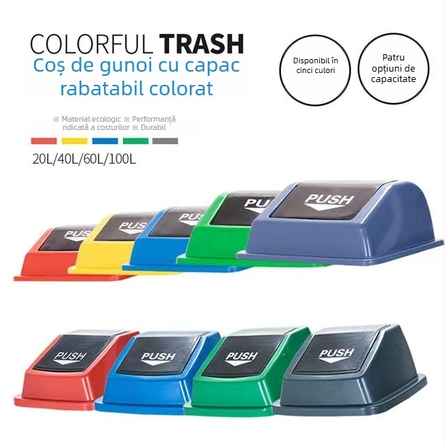 Coș de gunoi din plastic cu capac basculant, exterior, pentru uz comercial/oficiu.
