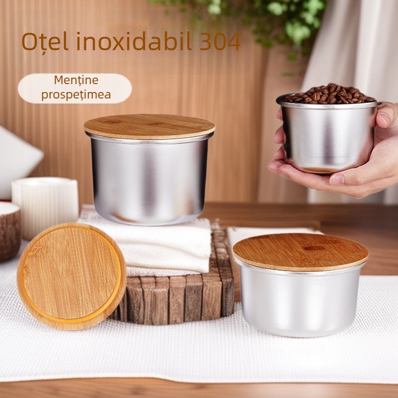 Recipient rotund din oțel inoxidabil 304 cu capac din bambus, etanș, pentru ceai și boabe de cafea