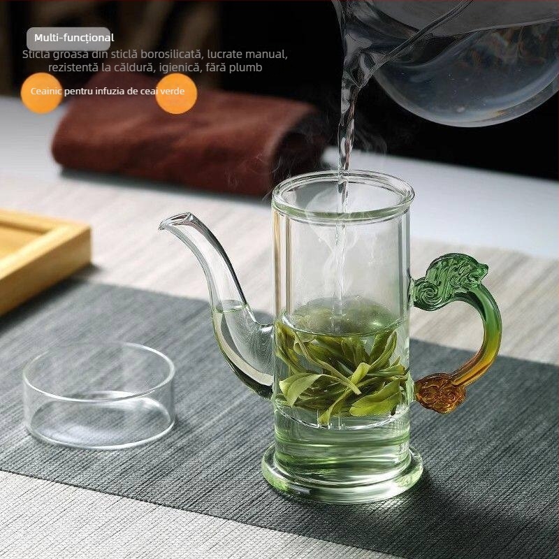 Set de ceai din sticlă pentru uz casnic, cu filtru Pu'er Gongfu și separare ceai-apă, set de cești roșii cu mânere duble, ceainic pentru o singură infuzie